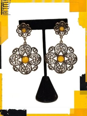 Filigree Yellow & Bronze Tone Dangle Earrings